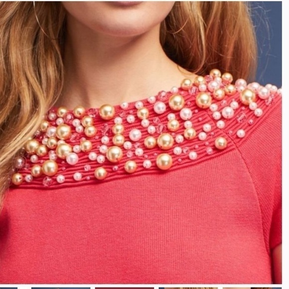 Anthropologie Moth‎ Brienne Pearl Holiday Sweater in Red, Size Medium - Picture 5 of 14